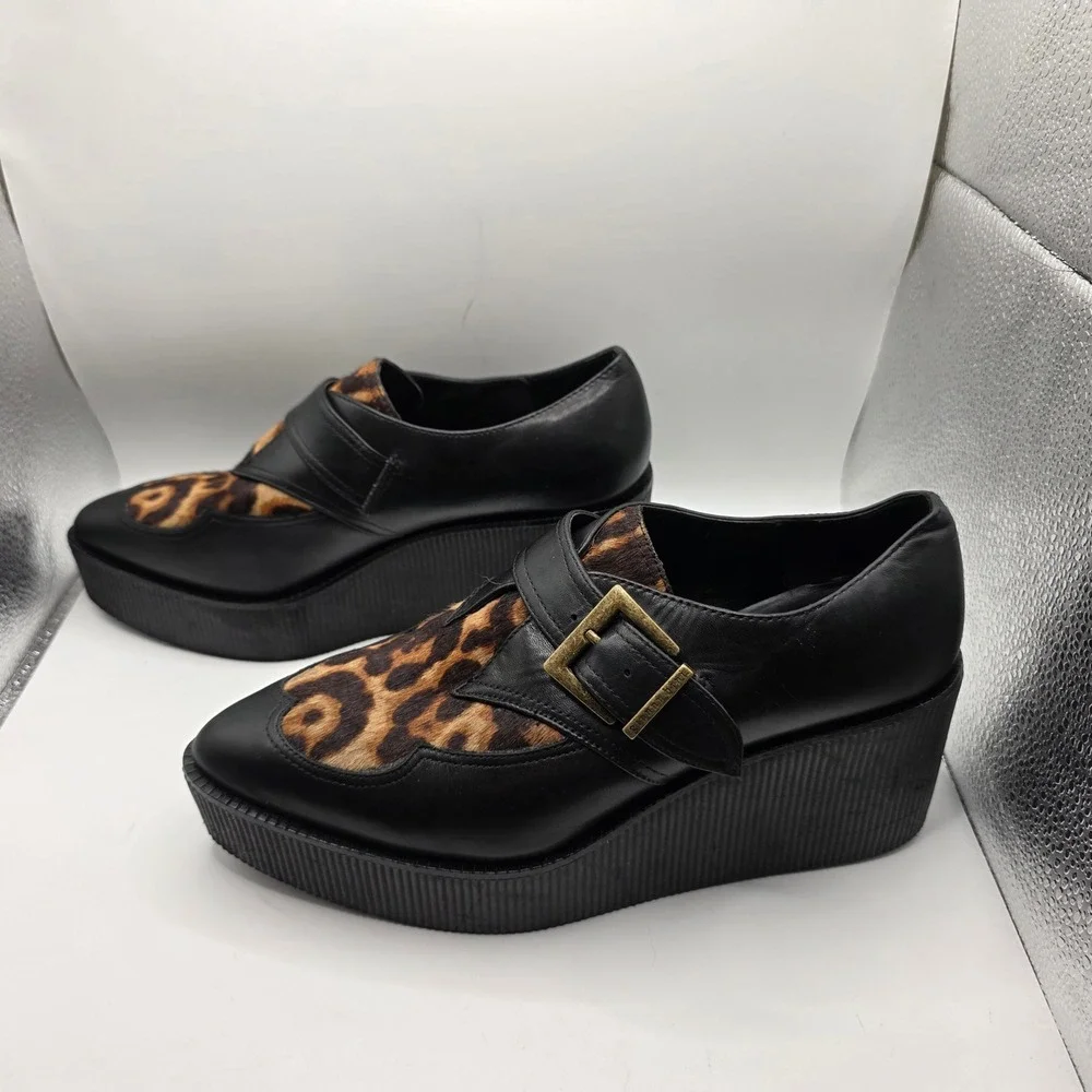 Gianni Bini Leopard‎ Calf Hair Platform Creepers Black Leather Buckle Shoes 9M